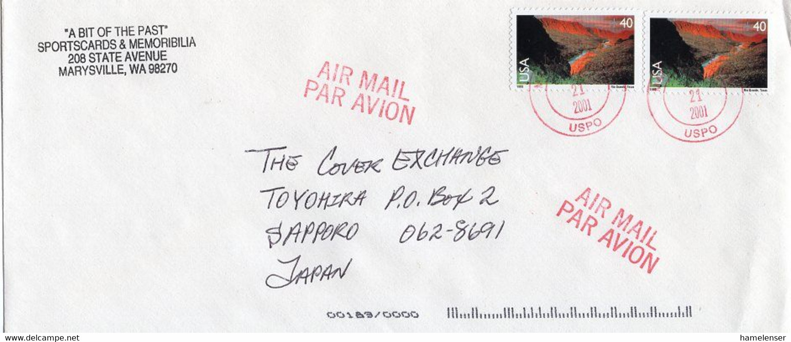 L27618 - USA - 2001 - 2@40c. Rio Grande A. Luftpostbrief MARYSVILLE, WA -> Japan - Briefe U. Dokumente
