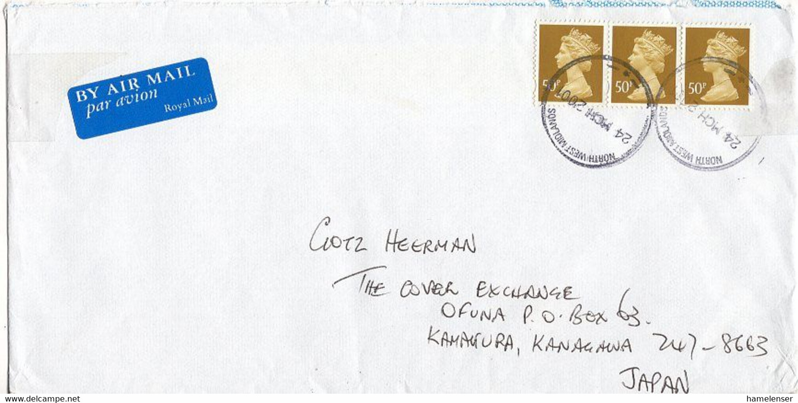 L27623 - GB - 2001 - 3@50p Machin A. Luftpostbrief Von NORTH WEST MIDLANDS -> Japan - Storia Postale