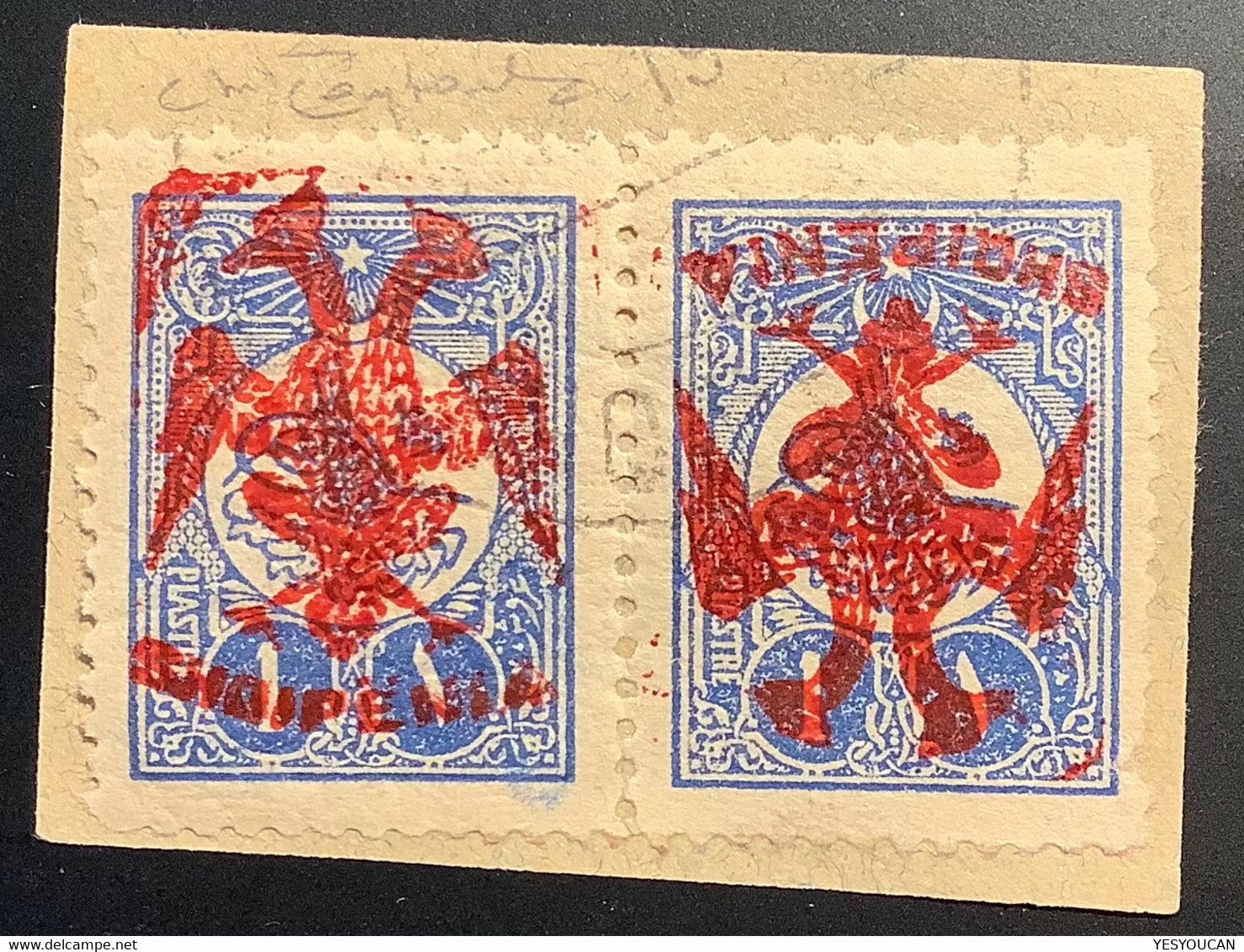 1913, Yv 7c 1560€ TÊTE-BÊCHE R ! Signed Scheller+Raybaudi:Turkey 1 Pia With RED ! Ovpt Eagle & Shqipenia(Albania Albanie - Albanië