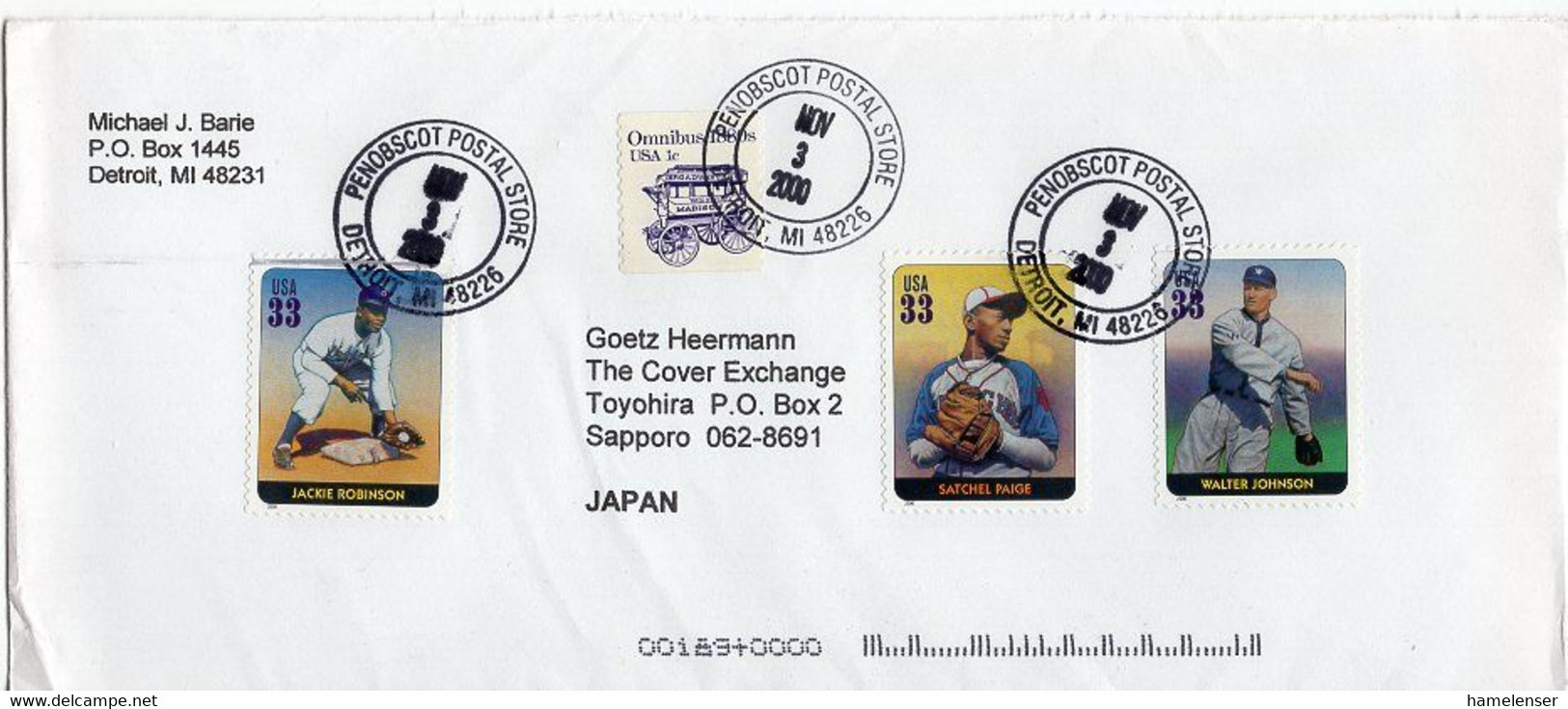 L27633 - USA - 2000 - 3@33c Baseball Etc. A. Brief Von PENOBSCOT POSTAL STORE DETROIT -> Japan - Honkbal