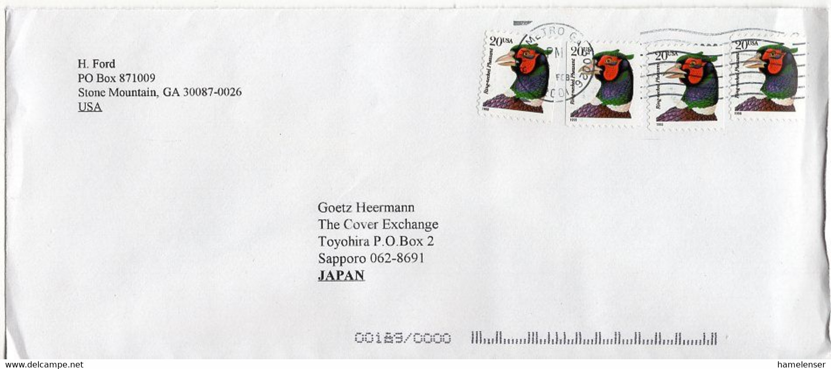 L27643 - USA - 2001 - 4@20c. Fasan A. Brief Von NORTH METRO GA -> Japan - Hühnervögel & Fasanen
