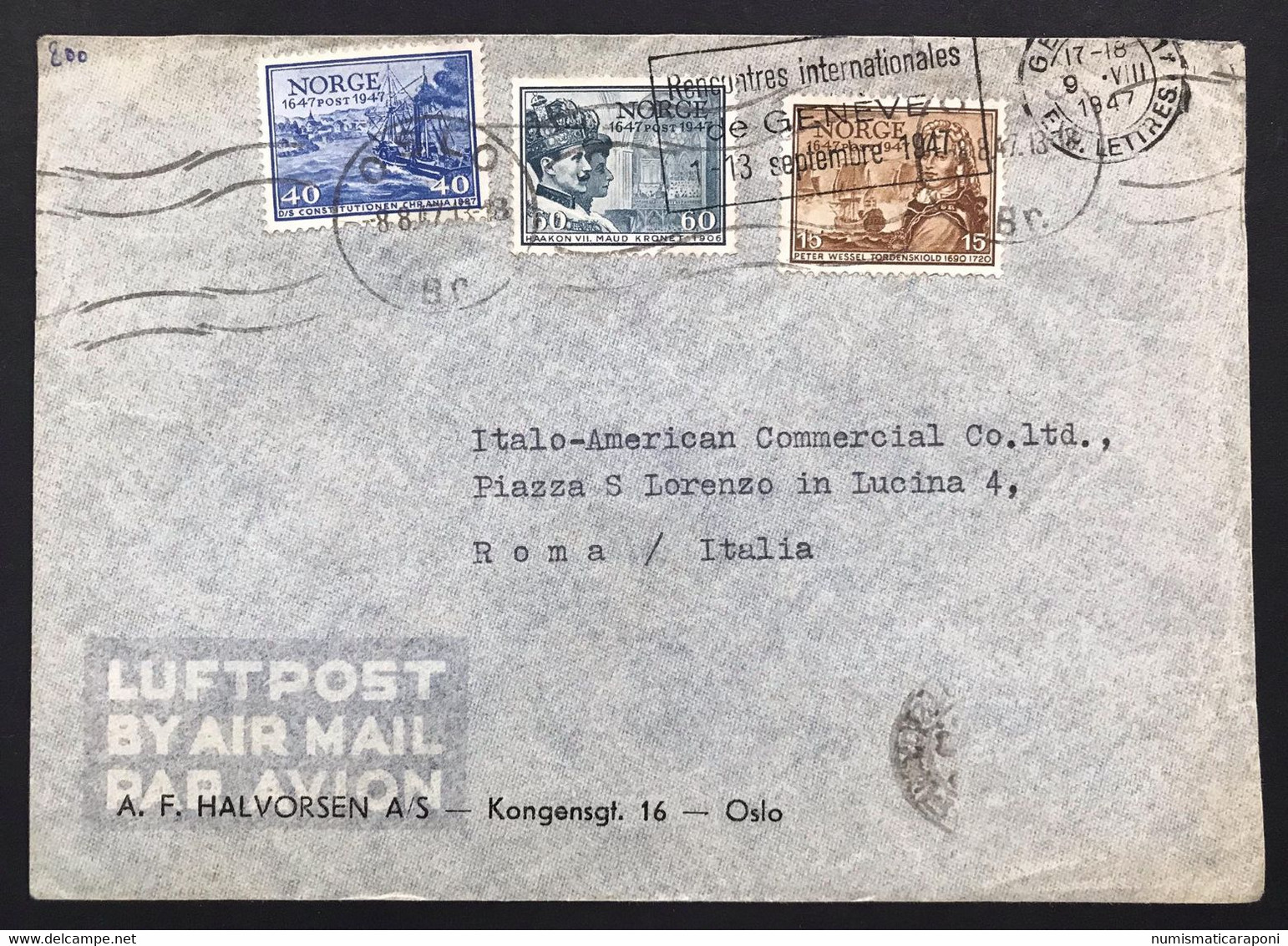 Norge Norvegia Cover 1947 15 + 40 + 60 Ore Luftpost By Airmail Via Aerea  X L'italia COD.bu.420 - Cartas & Documentos