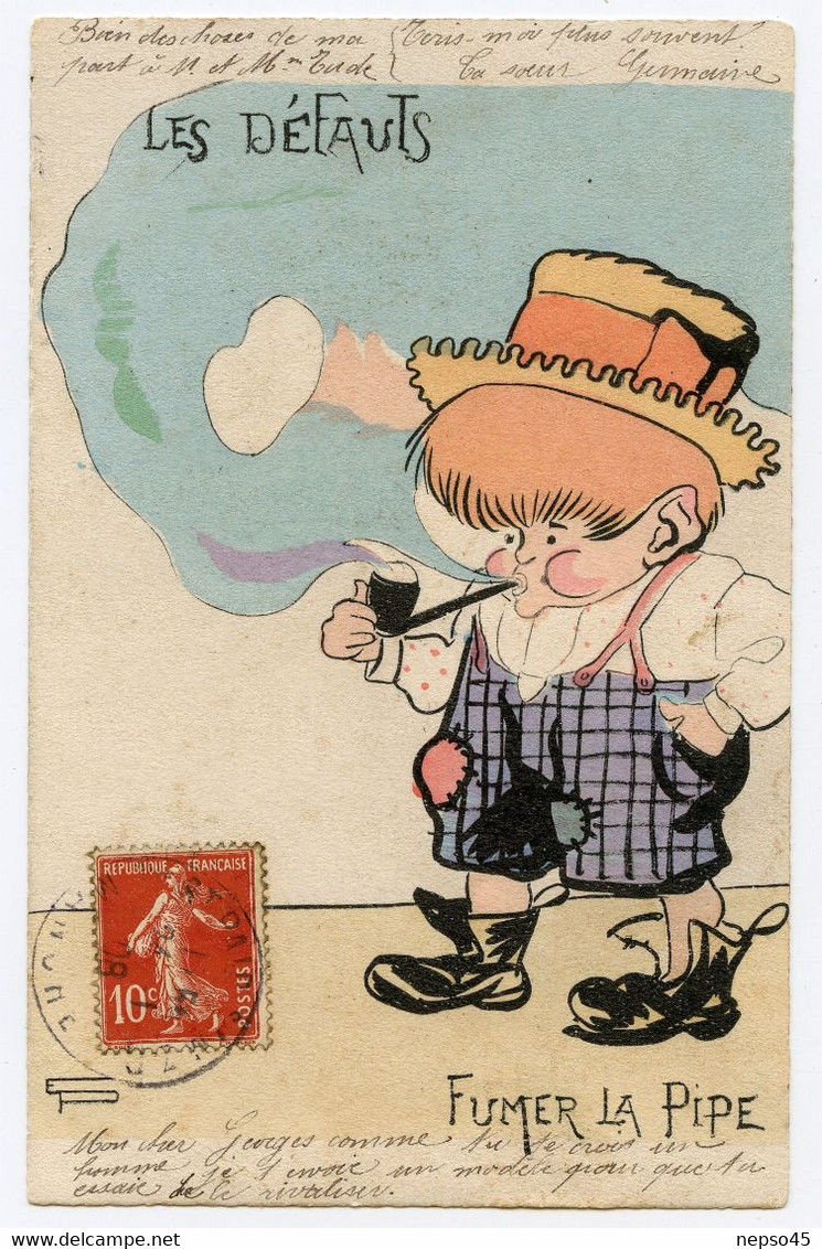 Carte Postale.satire. Les Défauts. Enfant Fumeur De Pipe. - Sonstige & Ohne Zuordnung