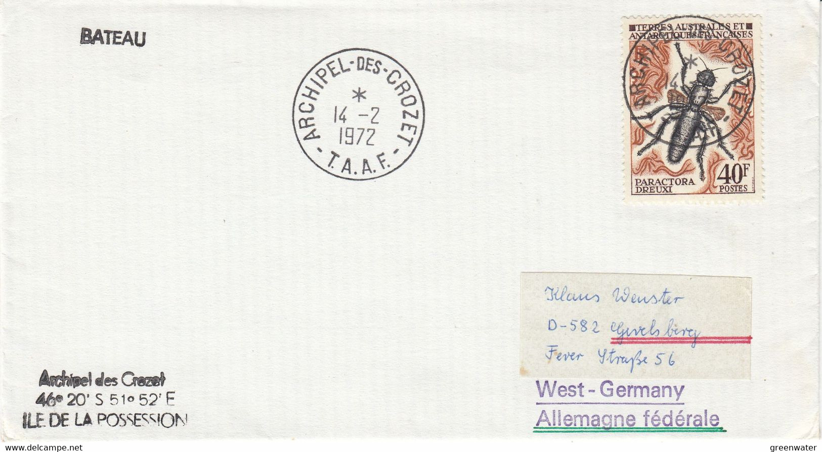 TAAF 1972 Cover Ca Archipel Crozet 14/2/72 (52133) - Cartas & Documentos