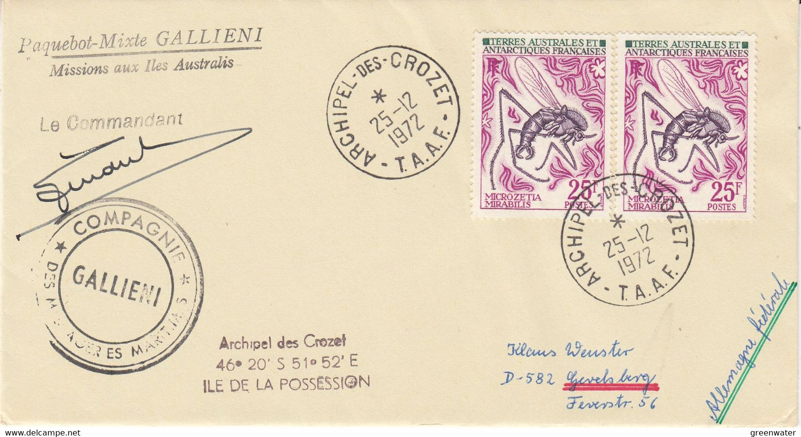 TAAF 1972 Registered Cover Ca Archipel Crozet 25/12/1972 Signature Cdt Gallieni (52135) - Cartas & Documentos