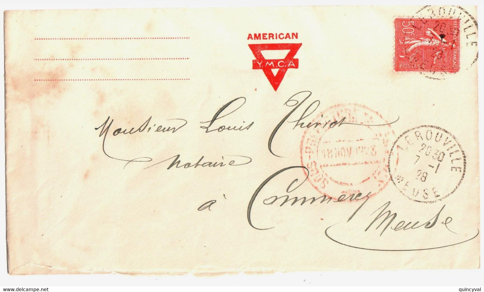 LEROUVILLE Meuse Lettre Entête American YMCA Tampon Sous Préfecture Commercy 50c Semeuse Lignée Yv 199 Ob 1928 - Briefe U. Dokumente