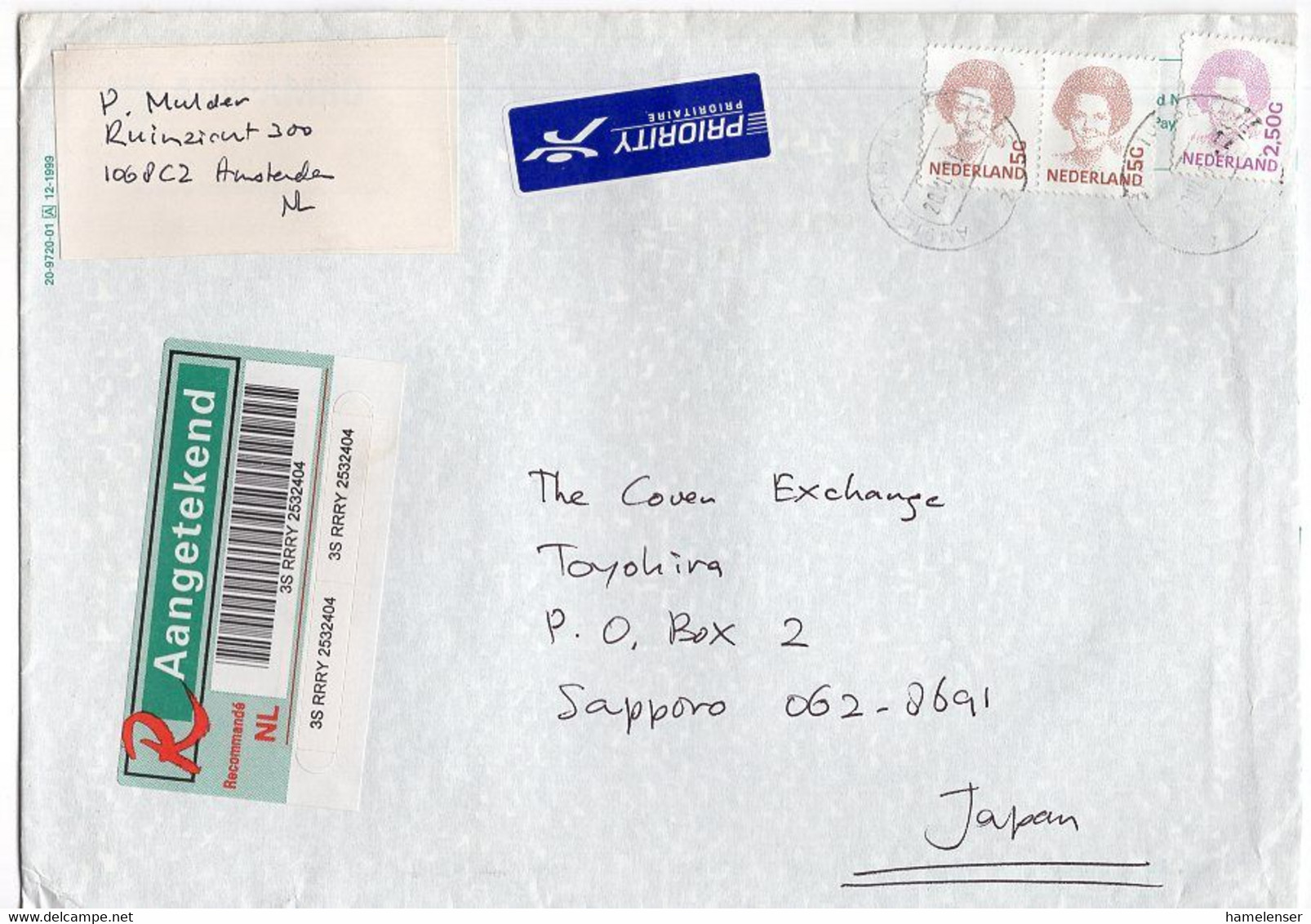 L27679 - Niederlande - 2001 - 2@5G Etc. A. R-Luftpostbrief AMSTERDAM -> Japan - Briefe U. Dokumente