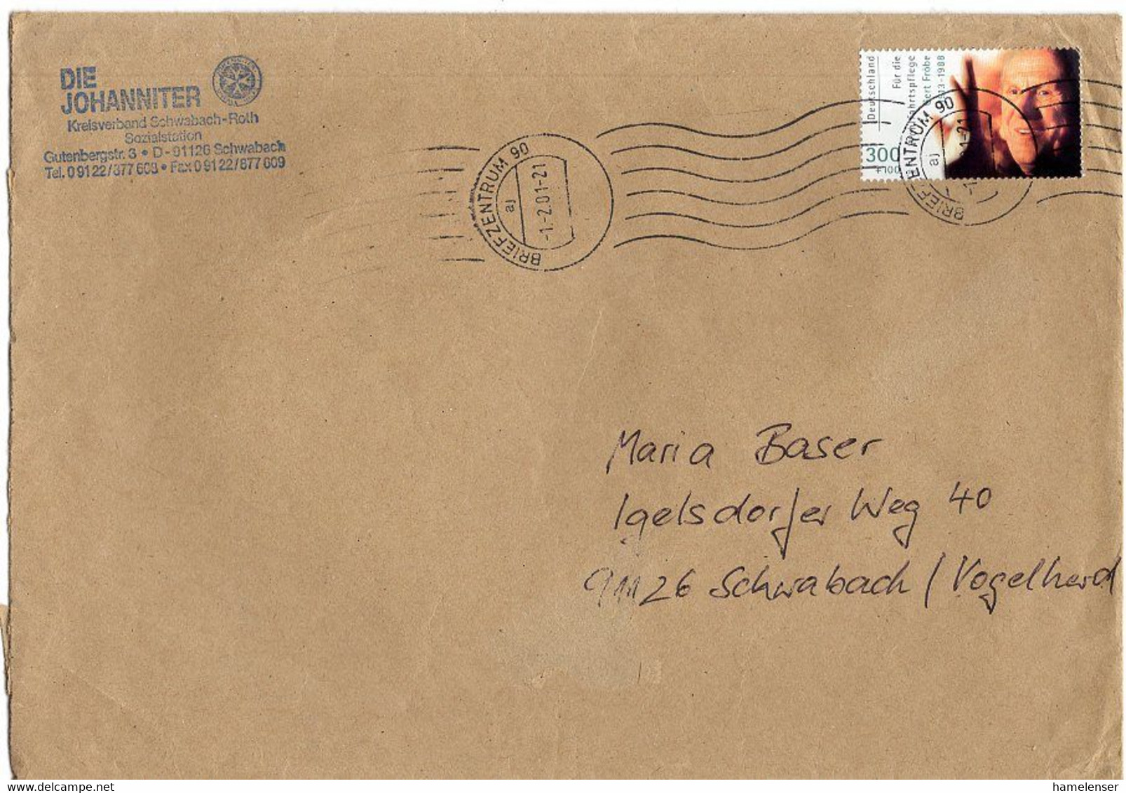 L27680 - Bund - 2001 - 300Pfg. Wohlfahrt '00 EF A. Grossbrief BRIEFZENTRUM 90 -> Schwabach - Cartas & Documentos