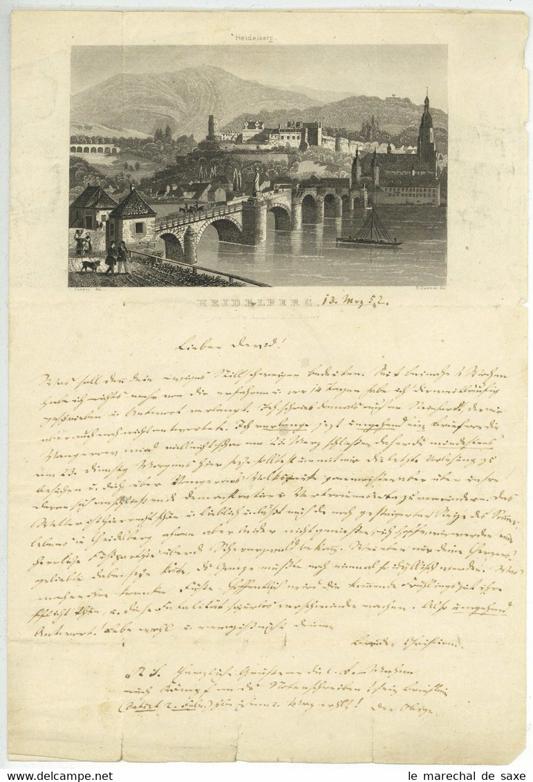 C. WEINLAND Brief An Bruder Schriftsteller Rulaman HEIDELBERG 1852 Dekorativer Briefkopf Stadtansicht Tübingen - Lettres & Documents