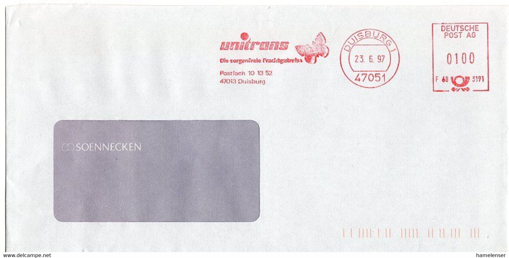 L27901 - Bund - 1997 - 100Pfg. Absenderfreistempel Fa. Unitrans M. Schmetterling A. Fensterbrief - Butterflies