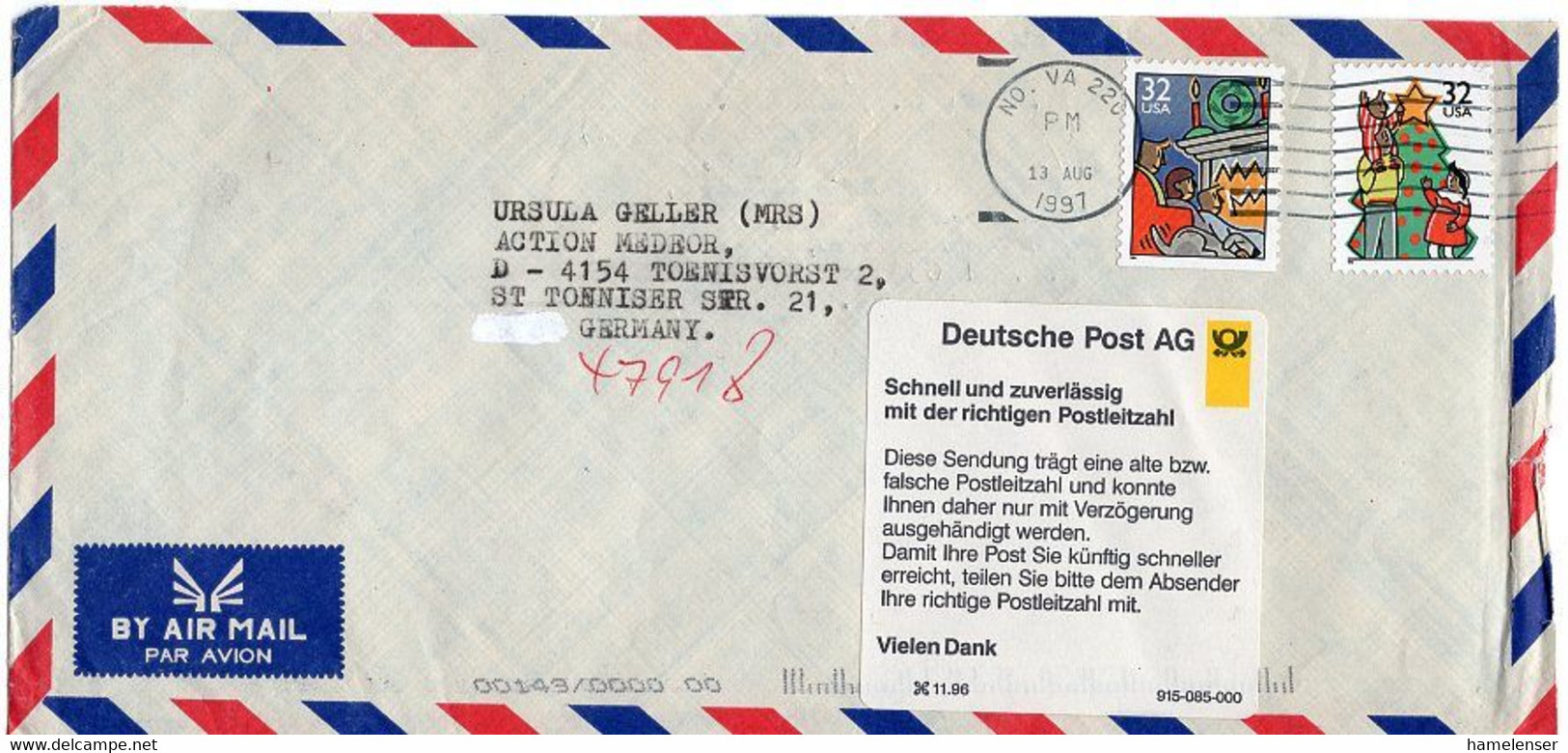 L28242 - USA - 1997 - 2@32c Weihnachten A. Luftpostbrief NO, VA -> Deutschland, M. Dt. Aufkleber Bez. Falsche PLZ - Post