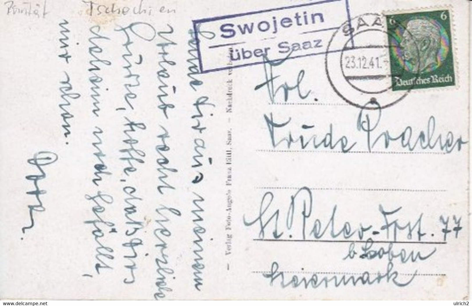 AK Deutscher Gruß Aus Swojetin - Svojetín - Stempel Swojetin über Saaz - 1941  (56329) - Sudeten