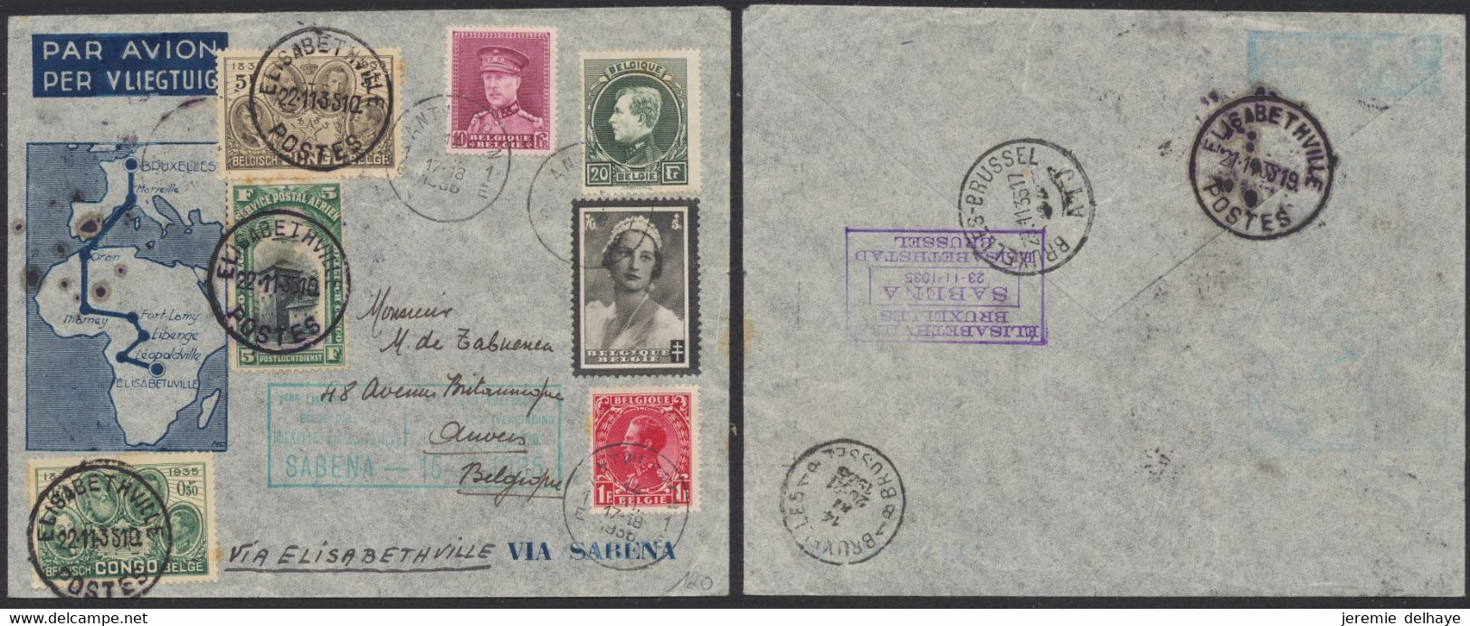 Vol Sabena 1er Liaison 23-11-1935  (Bruxelles - Elisabethville + Retour) Affranch. Mixte Dont N°290 Et 324. Rare - 1931-1934 Képi