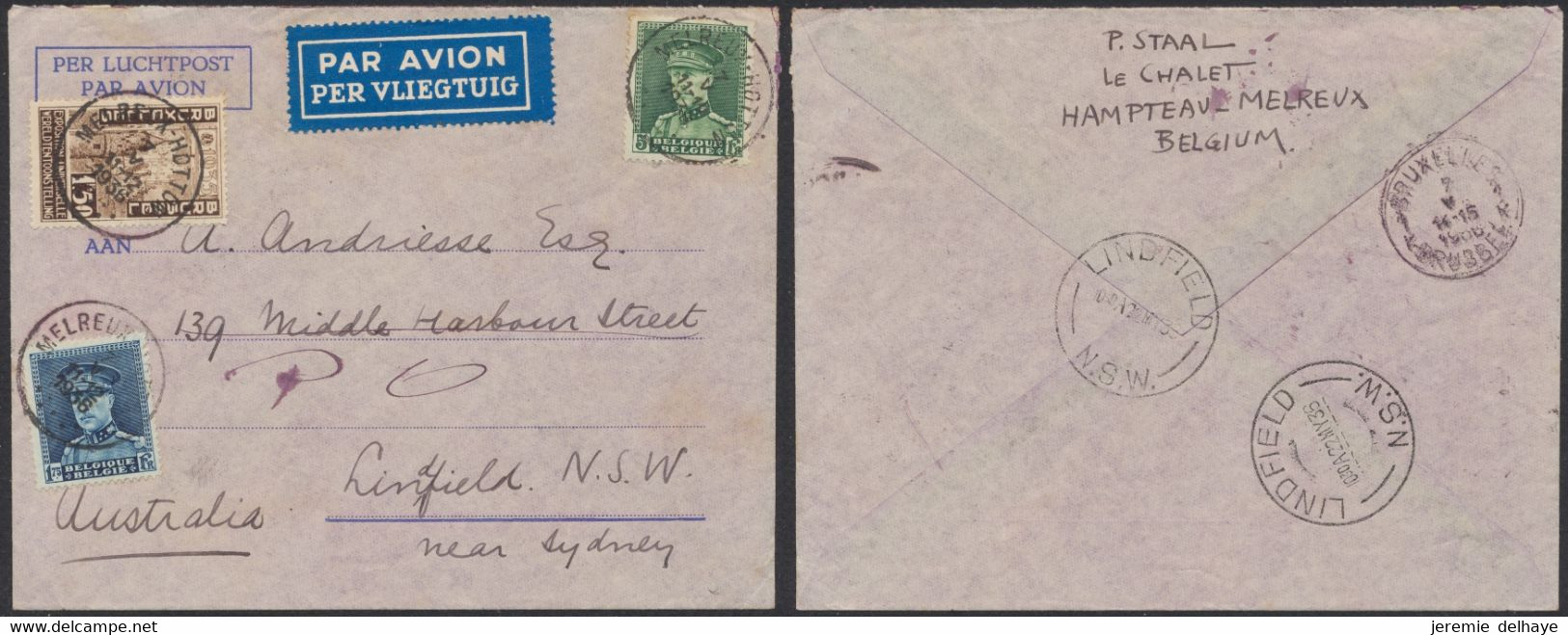 Affranch. Mixte Sur Lettre Par Avion De Melreux-Hotton (1936) > Australia (Lindfield) - 1931-1934 Képi