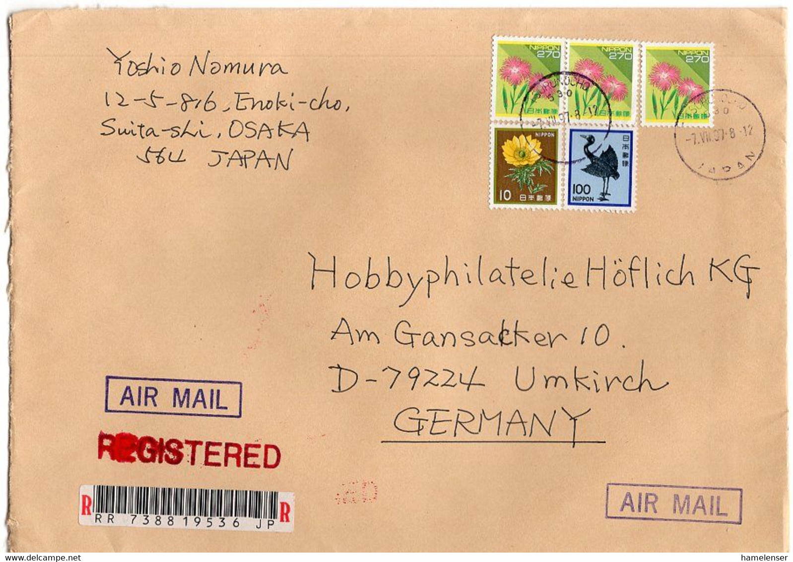 L28868 - Japan - 1997 - 3@¥270 Blumen Etc. A. R-Luftpostbrief TSURUNOCHO 530 JAPAN -> Deutschland - Briefe U. Dokumente