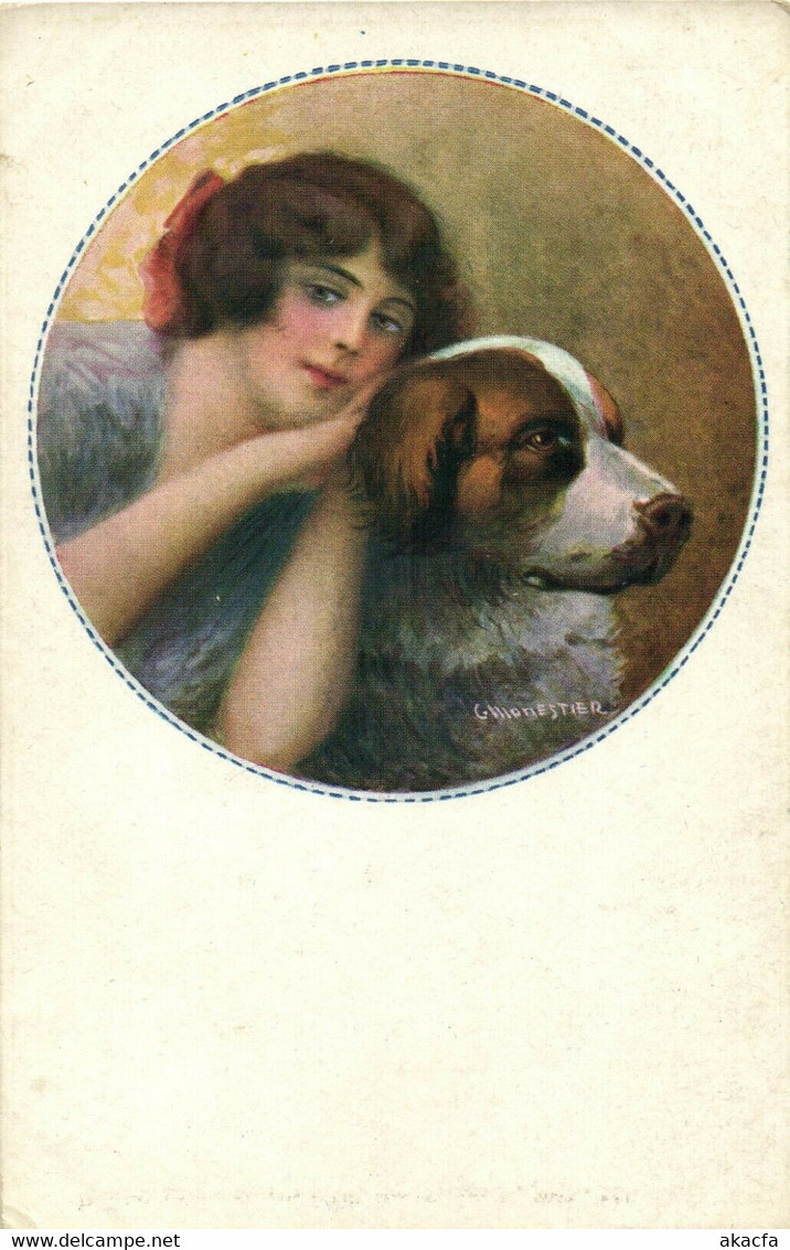PC CPA C. MONESTIER ARTIST SIGNED LADY WITH HER DOG Vintage Postcard (b26593) - Monestier, C.