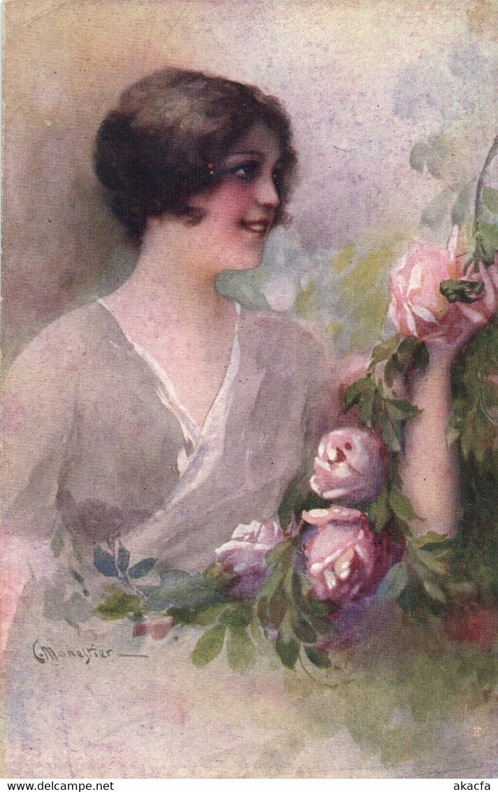 PC CPA C. MONESTIER, ARTIST SIGNED, LADY WITH ROSES, Vintage Postcard (b26601) - Monestier, C.