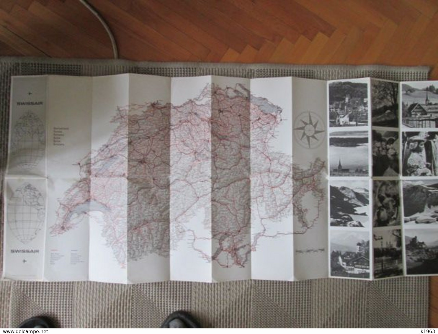 SWISSAIR, WORLD MAP WITH FLIGHT DESTINATIONS, 1966, AND MAP SWITZERLAND WITH PHOTOS, 109 X 48,5 Cm - World