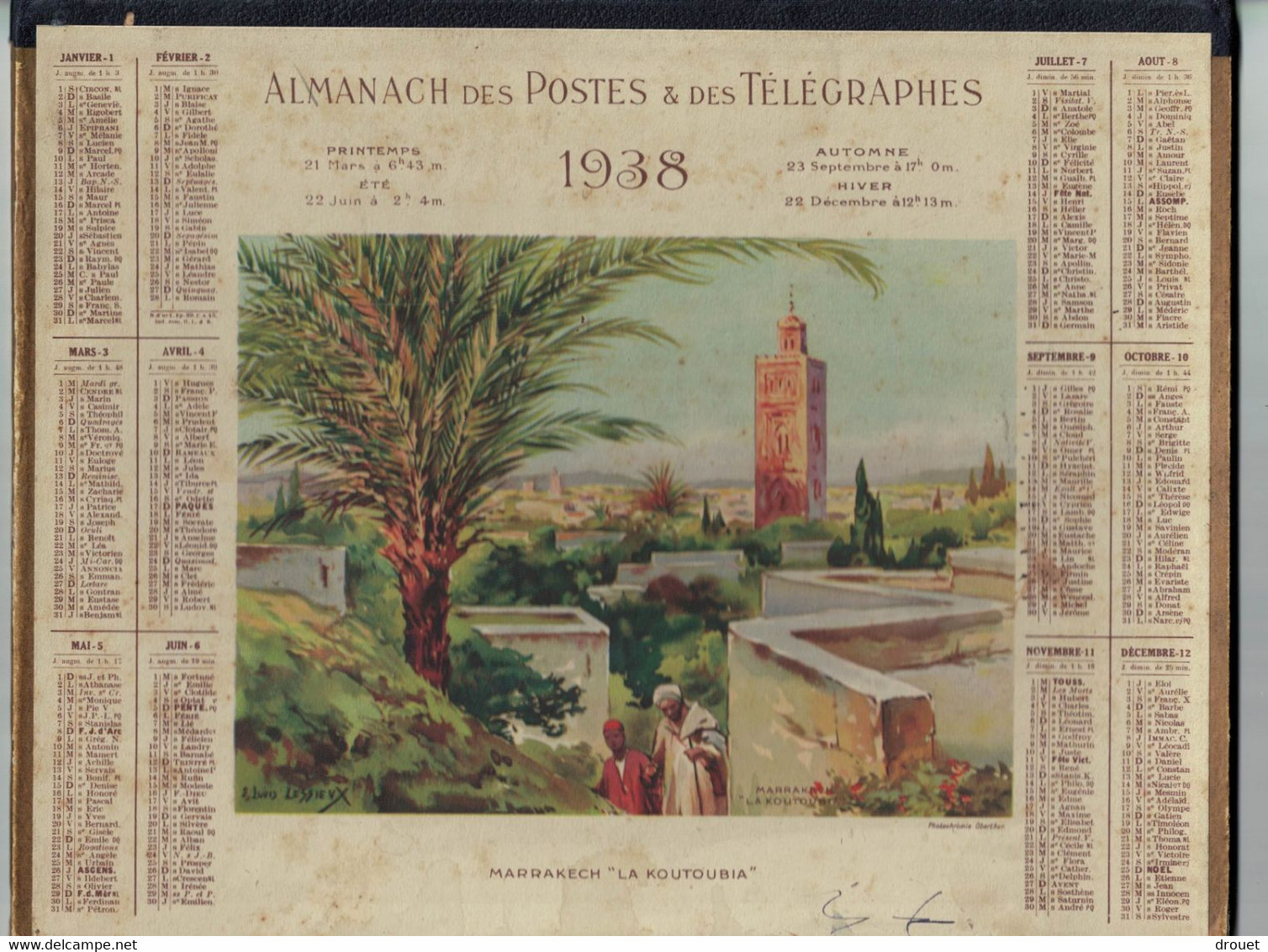 ALMANACH DES POSTES  1938  -  TARN - PHOTO MARRAKECH ' LA KOUTOUBIA ' - Grand Format : 1921-40