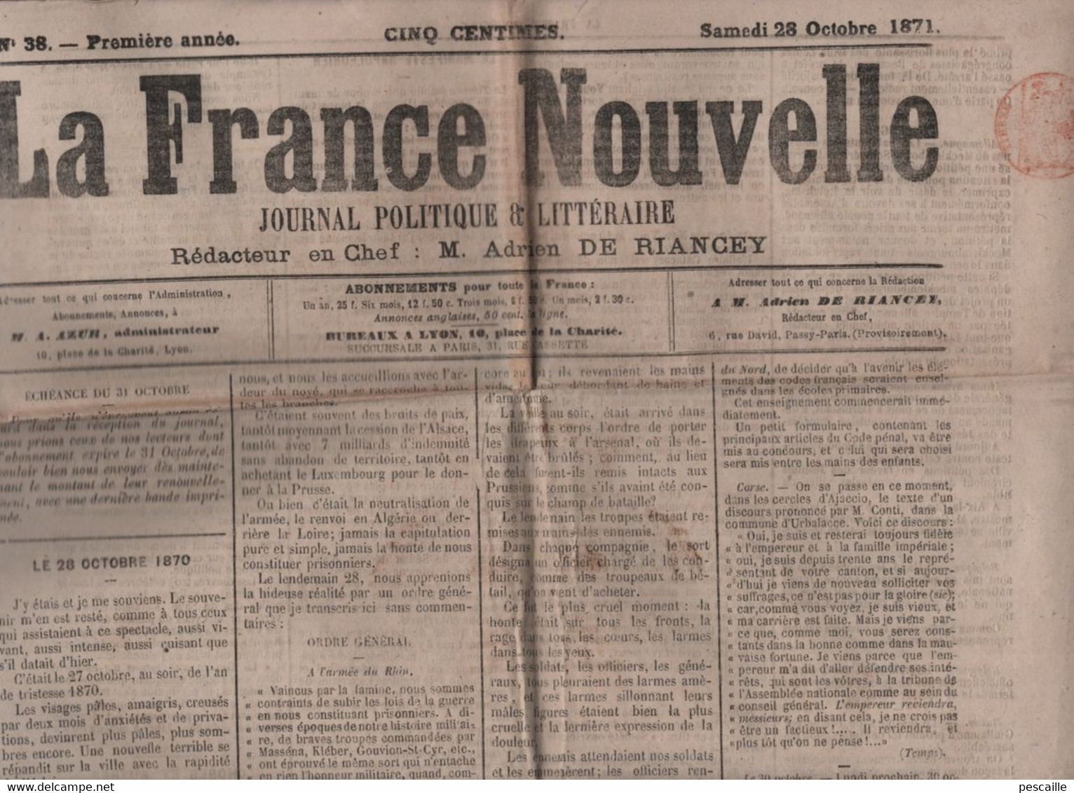 LA FRANCE NOUVELLE 28 10 1871 - 28 10 1870 CAPITULATION METZ - CORSE - LE BOURGET - MORMONTS SALT LAKE CITY - NAPOLEON 3 - 1850 - 1899