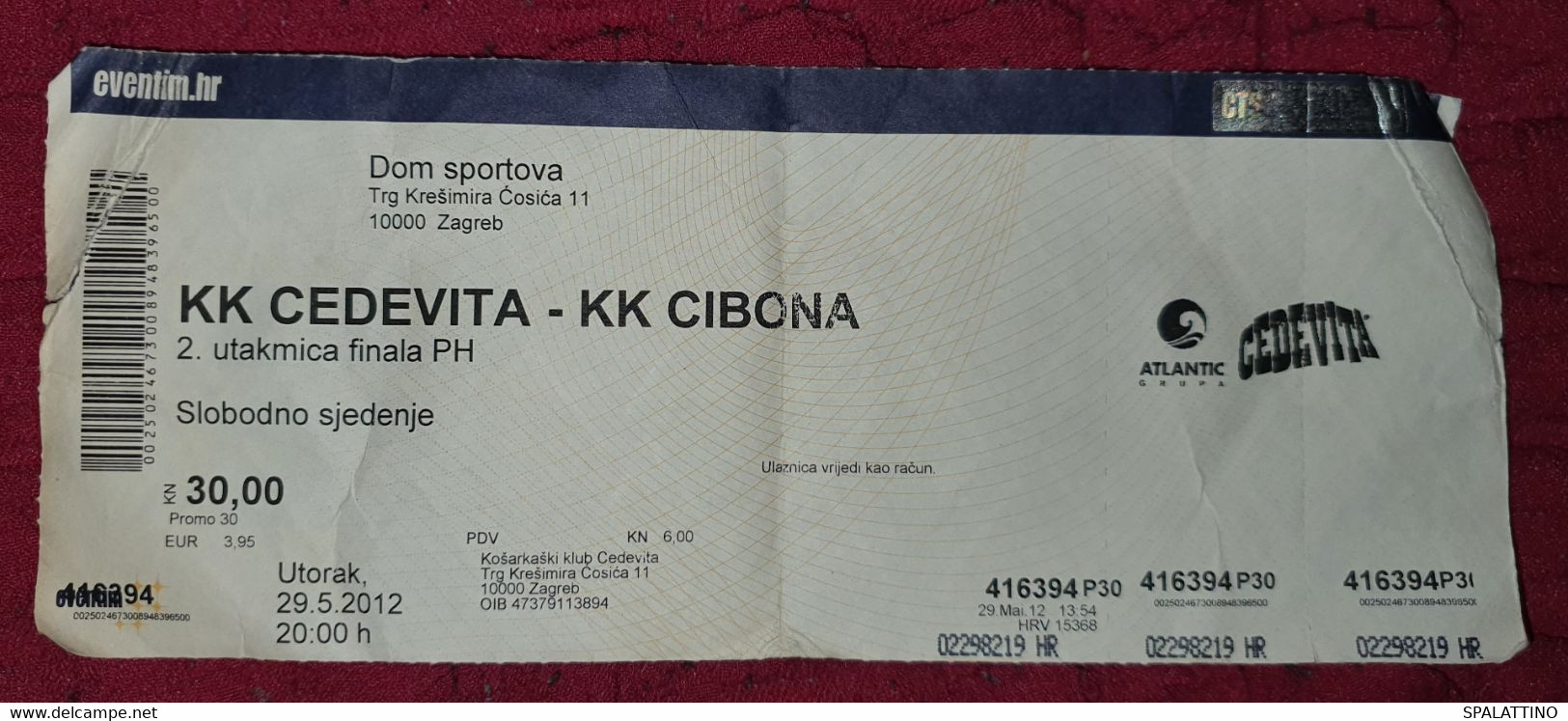 KK CEDEVITA- KK CIBONA 2012. FINAL, MATCH TICKET - Bekleidung, Souvenirs Und Sonstige