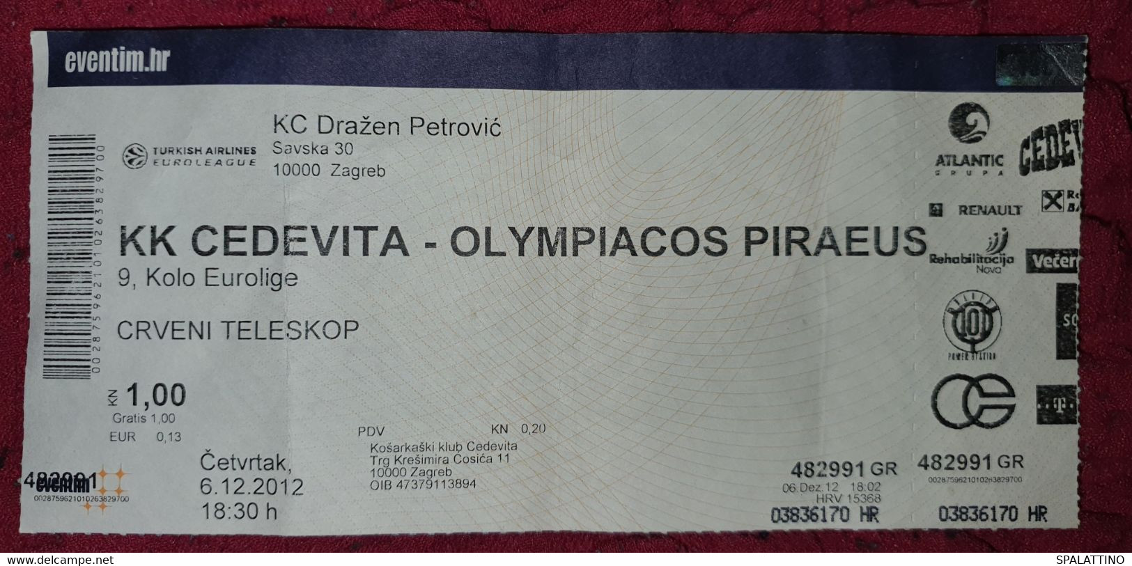 KK CEDEVITA- OLYMPIACOS PIRAEUS, EUROLEAGUE 2012. MATCH TICKET - Apparel, Souvenirs & Other