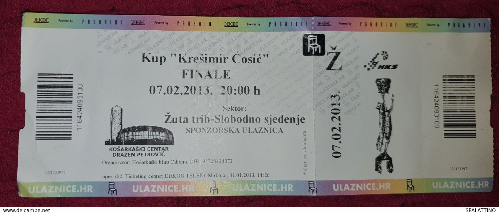 KK CIBONA- KK CEDEVITA, CUP KREŠIMIR ĆOSIĆ FINAL MATCH, MATCH TICKET - Uniformes, Recordatorios & Misc