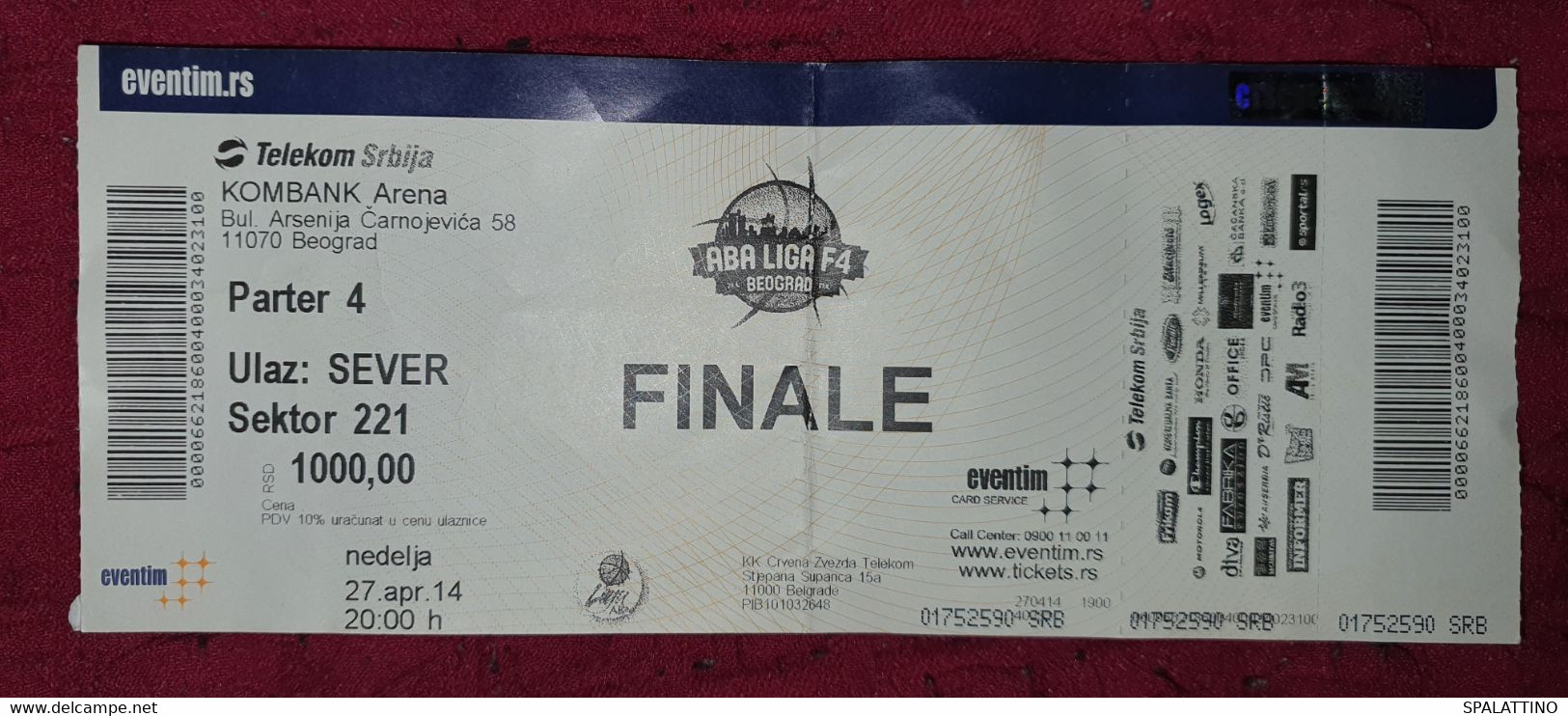 ABA LEAGUE 2014., FINAL MATCH KK CIBONA- KK CEDEVITA, MATCH TICKET - Uniformes, Recordatorios & Misc