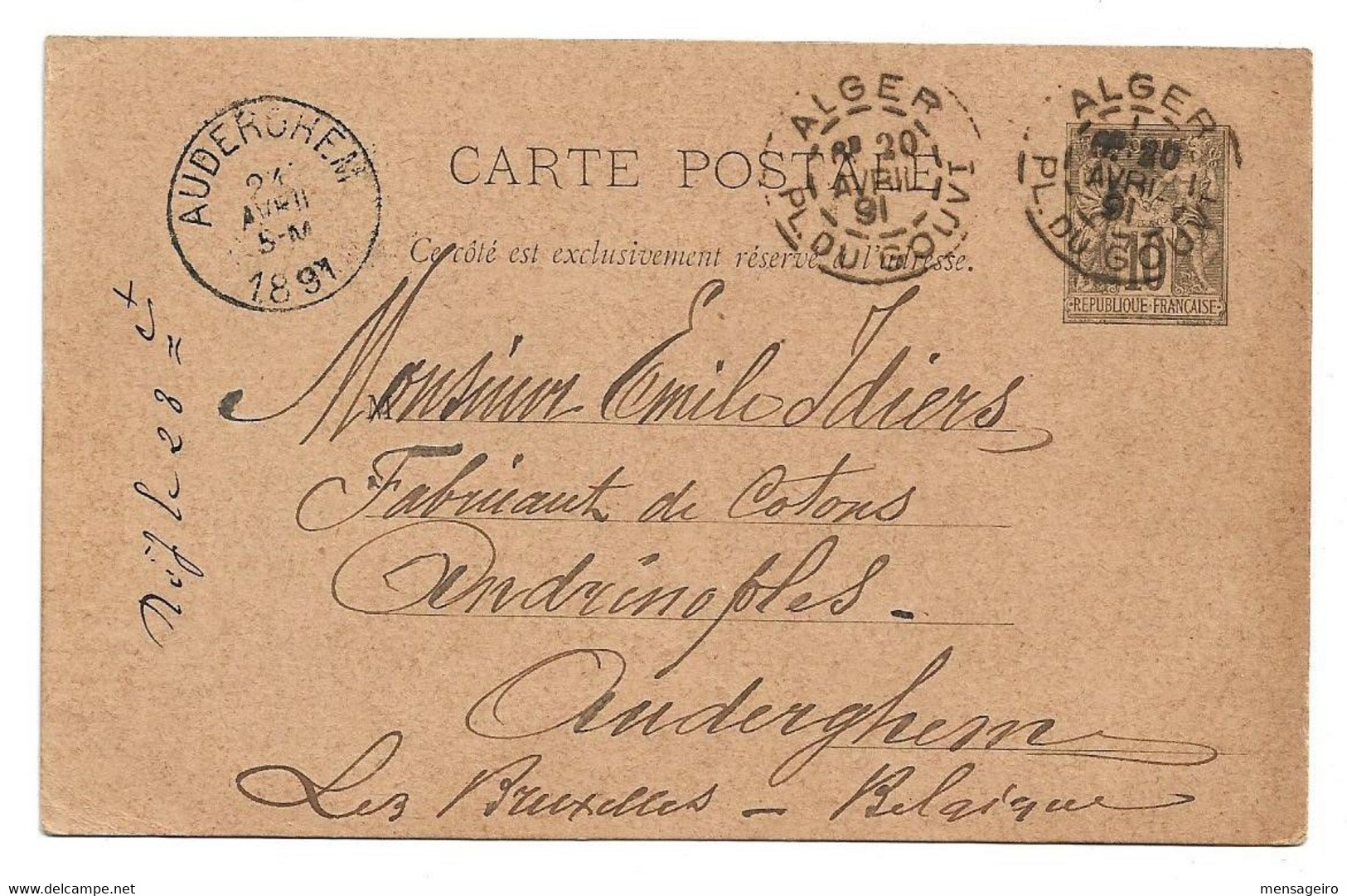 (P84) - Y&T ENTIER CARTE 89-CP3 ALGER => BELGIQUE 1891 - OBLIT DAGUIN JUMELE - 1876-1898 Sage (Type II)