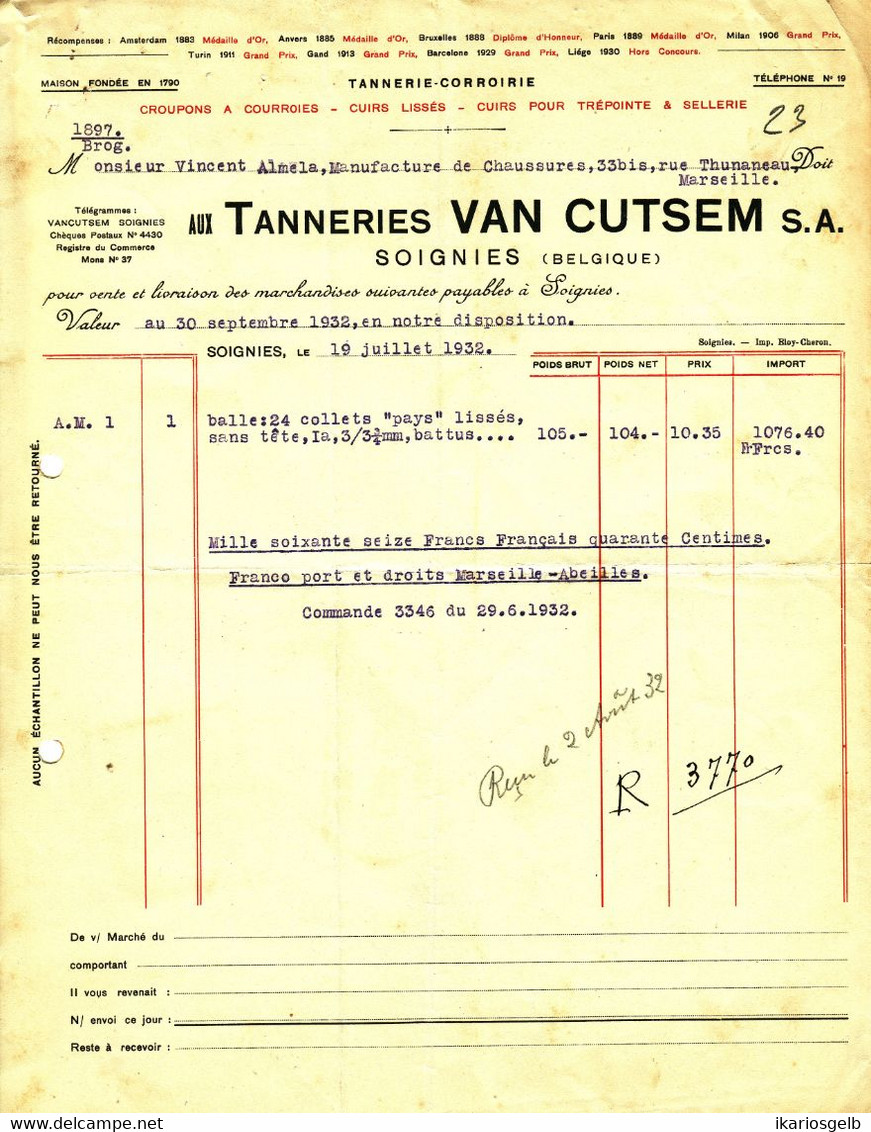 Belgie Belgique Soignies Hainaut = Zinnik Hennegau Facture 1932 " Van CUTSEM Tanneries Corroirie " - Kleidung & Textil