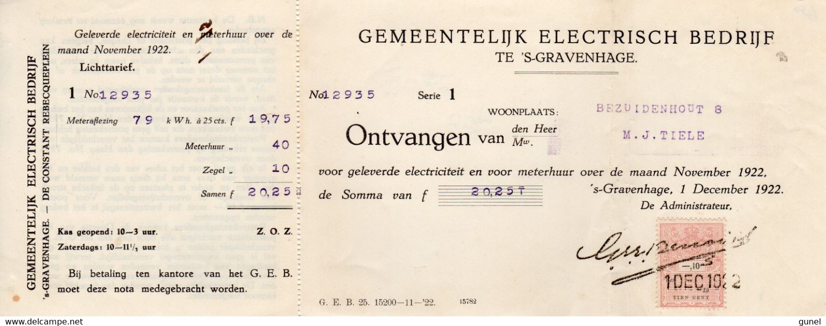1 DEC 1922 Kwitantie Van Gemeentelijk Electriciteits Bedrijf 's Gravenhage Met Zegel En  Aansluitende Coupon - Fiscales