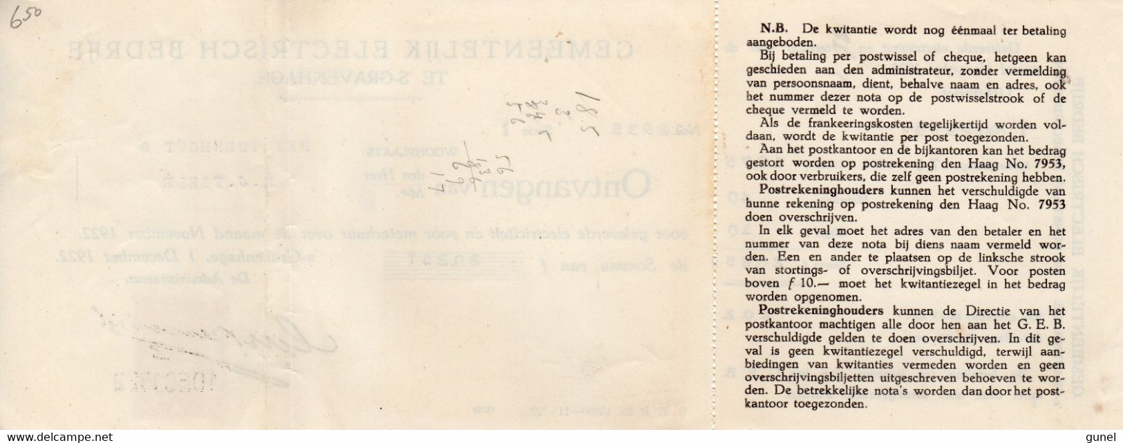 1 DEC 1922 Kwitantie Van Gemeentelijk Electriciteits Bedrijf 's Gravenhage Met Zegel En  Aansluitende Coupon - Revenue Stamps