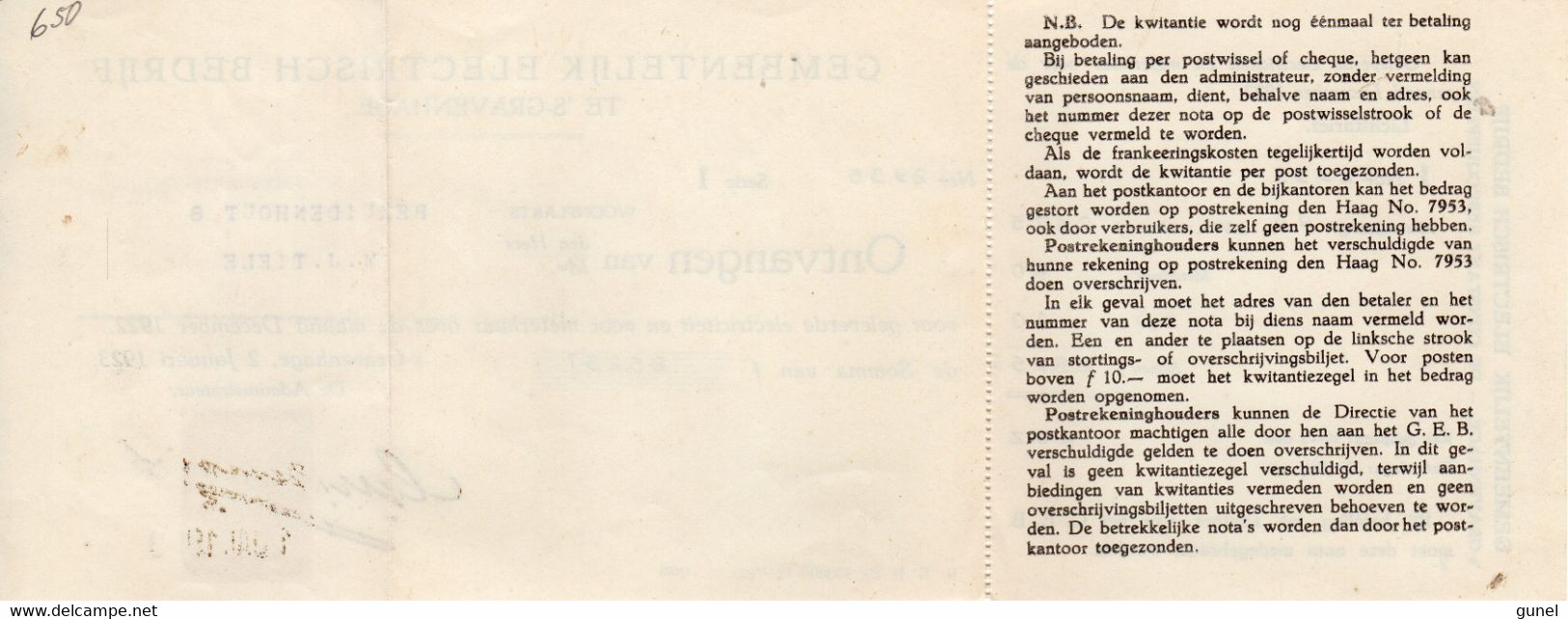 1 JAN 1923 Kwitantie Van Gemeentelijk Electriciteits Bedrijf 's Gravenhage Met Zegel En  Aansluitende Coupon - Fiscali