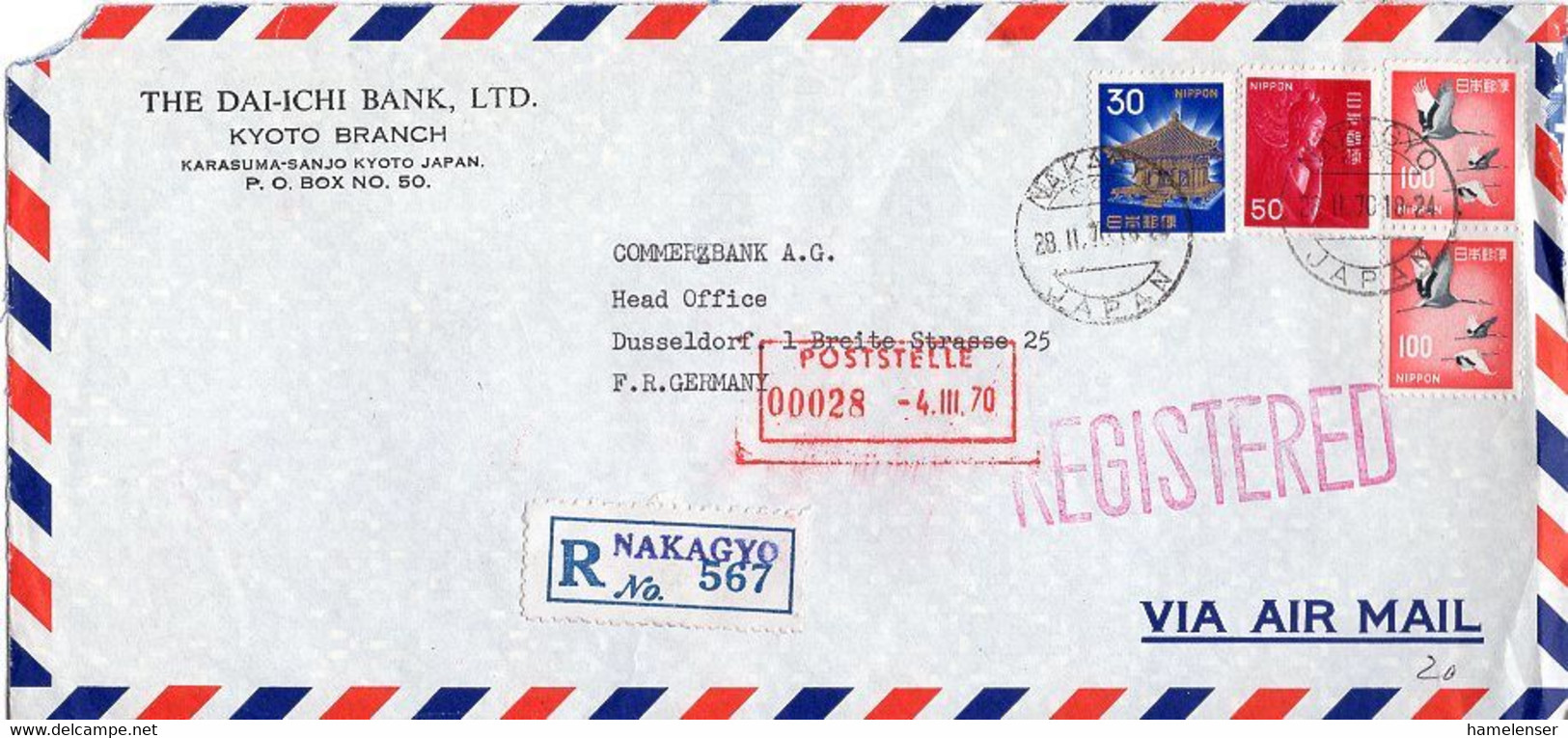 L29545 - Japan - 1970 - 2@¥100 Kranich Etc. A. R-Luftpostbrief NAKAGYO KYOTO -> Westdeutschland - Briefe U. Dokumente