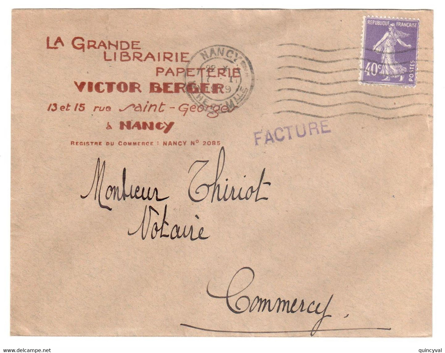 NANCY M Et M Facture Entête Librairie BERGER 40c Semeuse Violet Yv 23 Ob Meca 7 1 1929 - Lettres & Documents