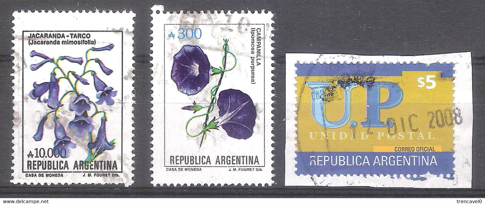 Argentina 2002 - 3 Sellos Usados Y Circulados -Unidad Postal Y Flora Argentina-Campanilla Y Jacaranda - Sonstige & Ohne Zuordnung