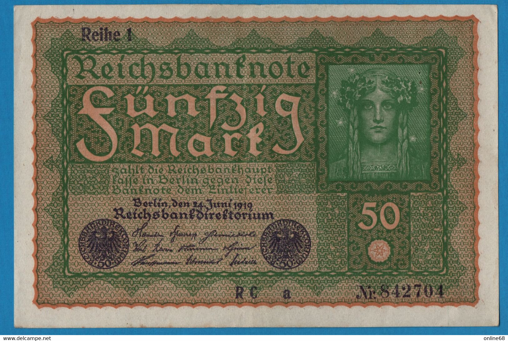 DEUTSCHES REICH 50 Mark  24.06.1919 Série RC A # 842704  P# 66 Reihe 1 - 50 Mark