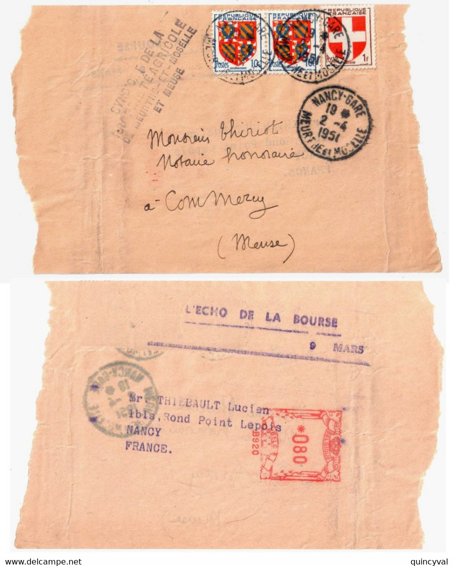 NANCY Bande Journal RETOURNEE 500g Tf 1945 Synd Agricole Blason 10c Bourgogne 1F Savoie Yv 834 836 Ob 1951 Belge EMA 80c - Covers & Documents