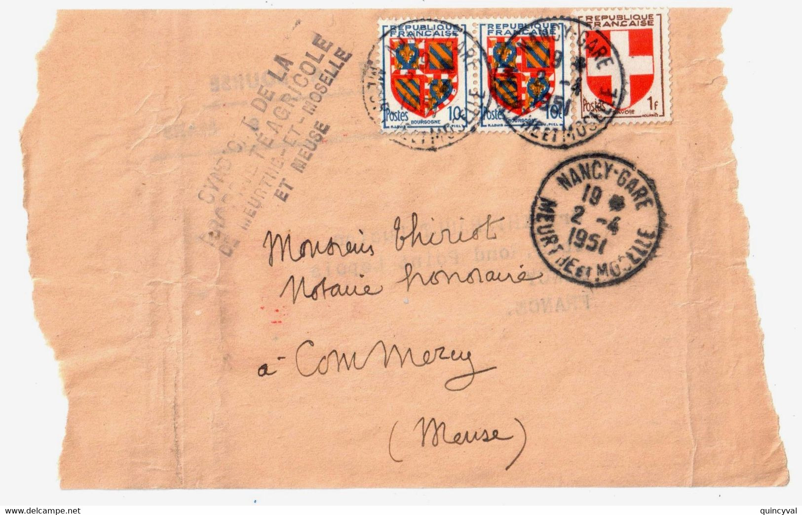 NANCY Bande Journal RETOURNEE 500g Tf 1945 Synd Agricole Blason 10c Bourgogne 1F Savoie Yv 834 836 Ob 1951 Belge EMA 80c - Storia Postale