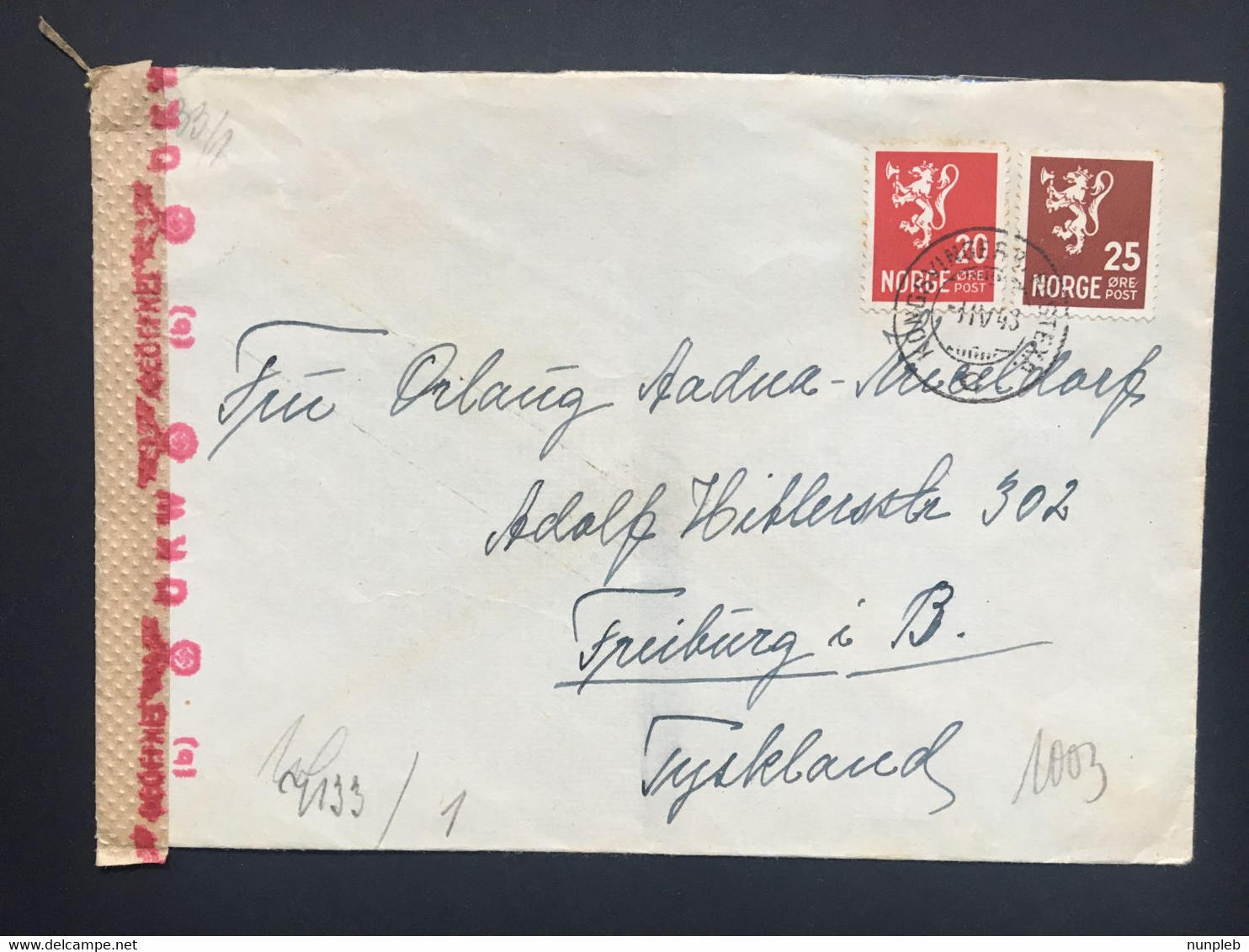 NORWAY 1943 Kongsvinger To Freiburg Germany With Censor Tape - Covers & Documents