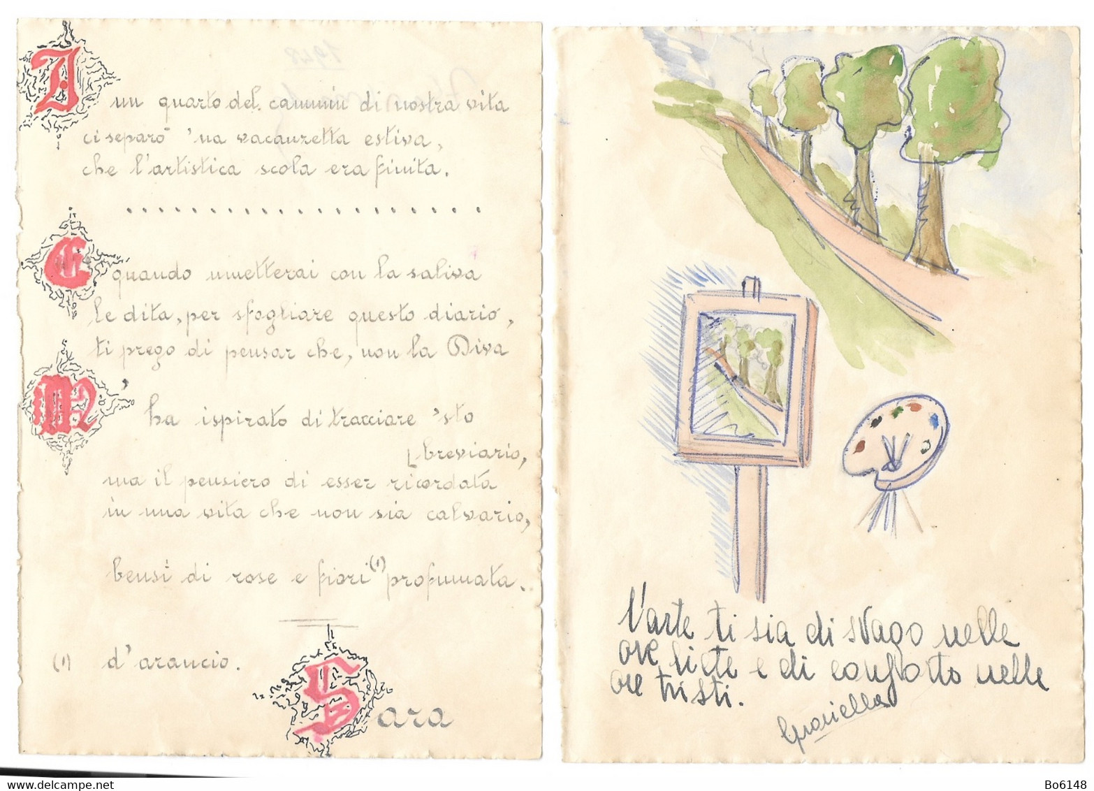 2 Disegni A Penna E Acquarello ,  Umoristici ,  Da Diario Degli Anni '40 - Radierungen