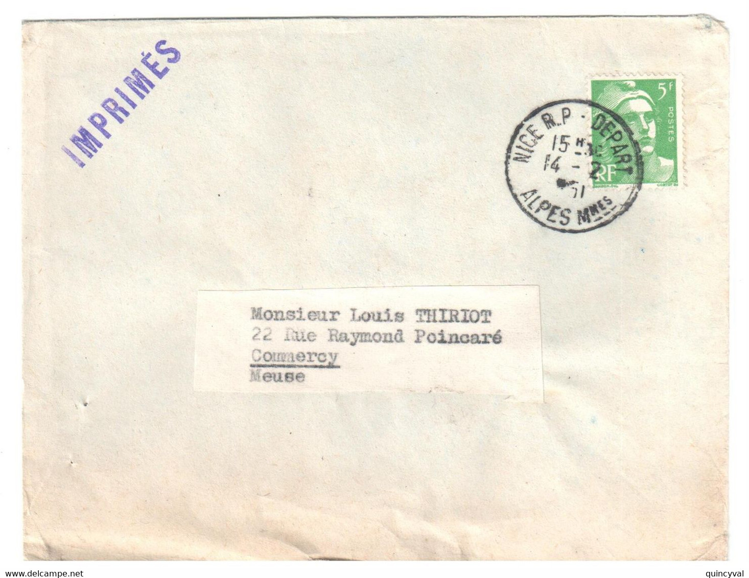 NICE RP DEPART Alpes Maritimes  Imprimé 5 F Gandon Yv 809 - Briefe U. Dokumente