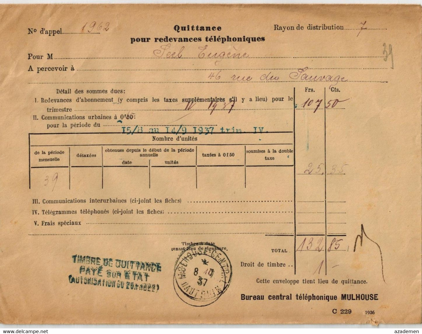 Enveloppe " Quitance Pour Redevances Téléphoniques " 1937. - Radiodiffusione