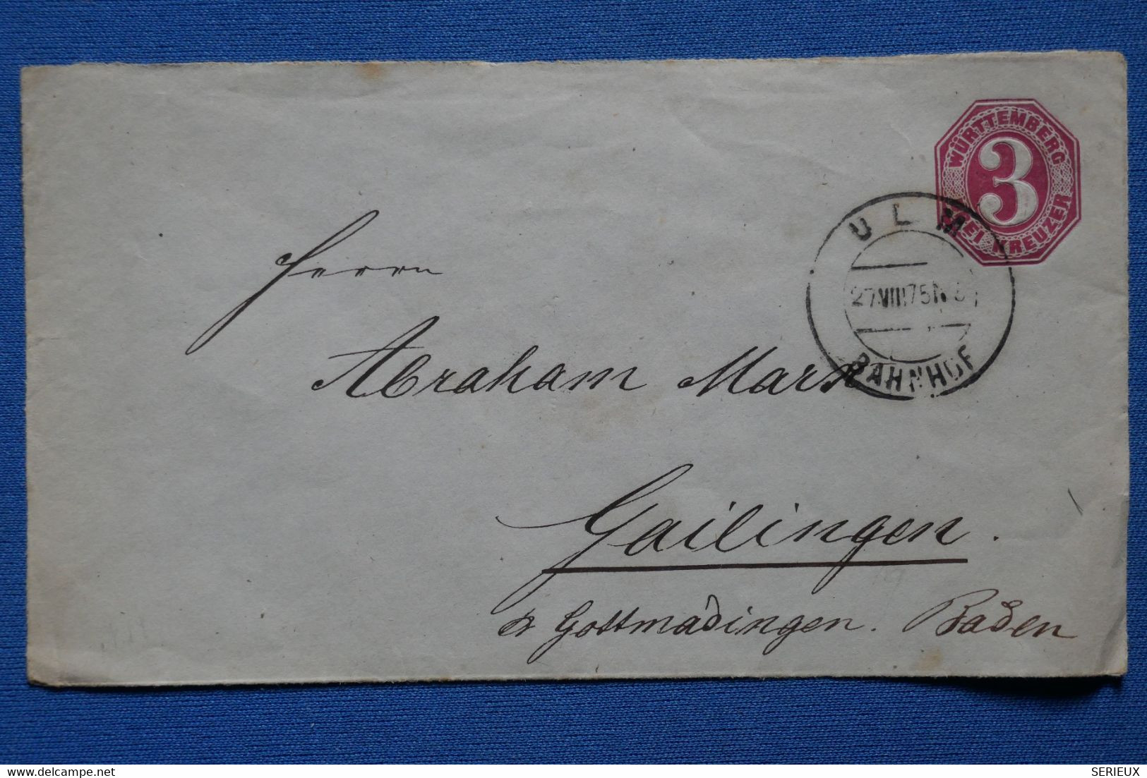 T12 WUTTENBERG BELLE LETTRE RARE DEVANT 1875 ULM A GAILINGEN + AFFRANCHISSEMENT PLAISANT - Postwaardestukken