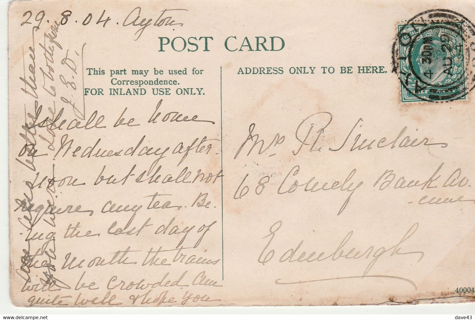 1904 Browns Series 48 Card Of Station Rd Ayton E7 1/2d Ayton DCDS - Berwickshire