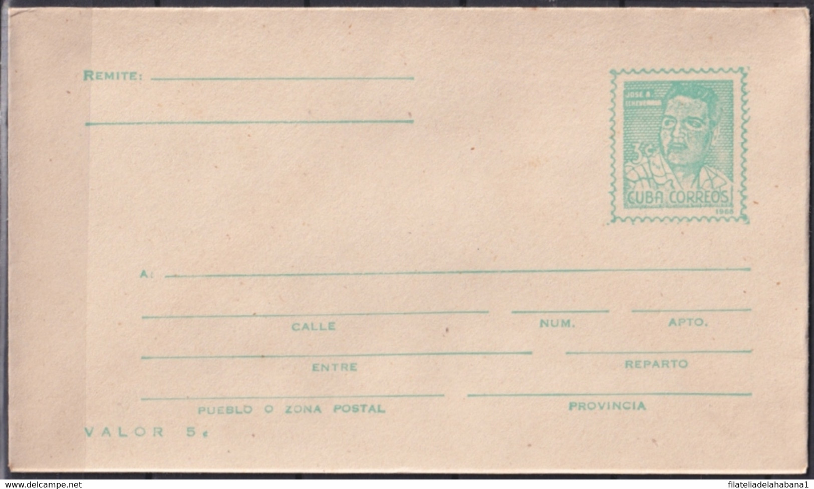 1968-EP-84 CUBA 1968 POSTAL STATIONERY JOSE A. ECHEVARRIA UNUSED. - Covers & Documents