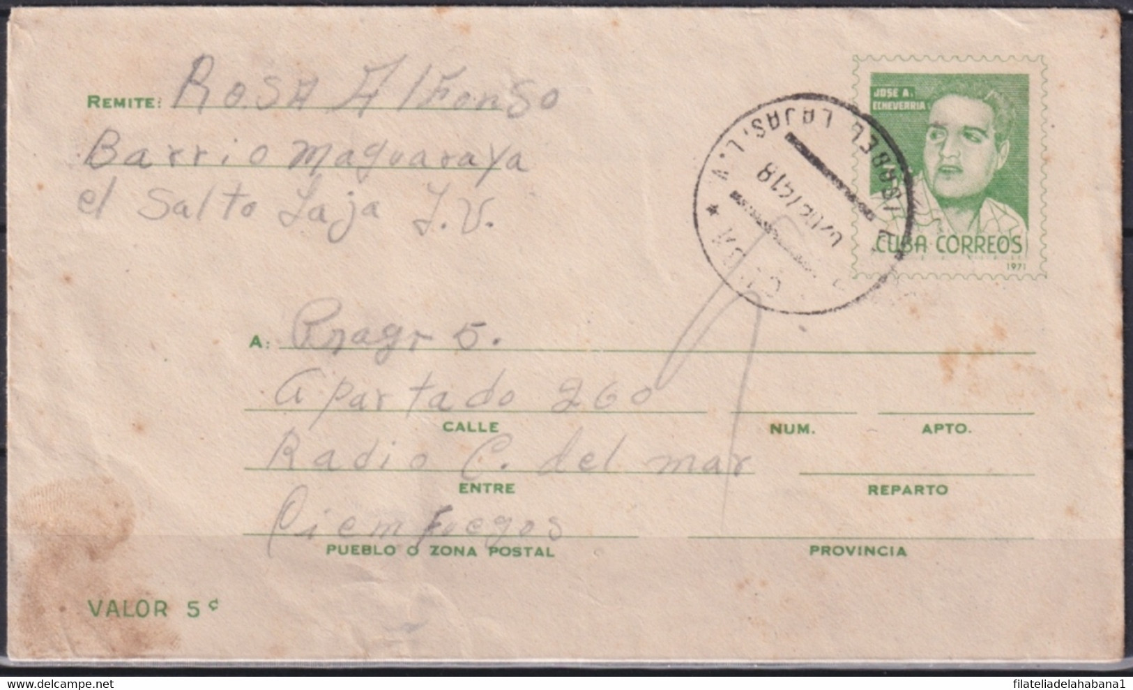 1971-EP-28 CUBA 1971 POSTAL STATIONERY ECHEVARRIA USED STA ISABEL DE LAS LAJAS TO CIENFUEGOS. - Covers & Documents