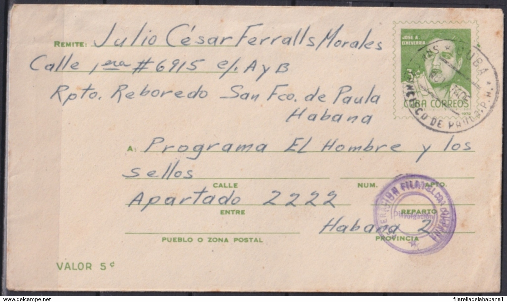 1972-EP-60 CUBA 1972 POSTAL STATIONERY ECHEVARRIA USED IN SAN FRANCISCO DE PAULA, HABANA. - Briefe U. Dokumente