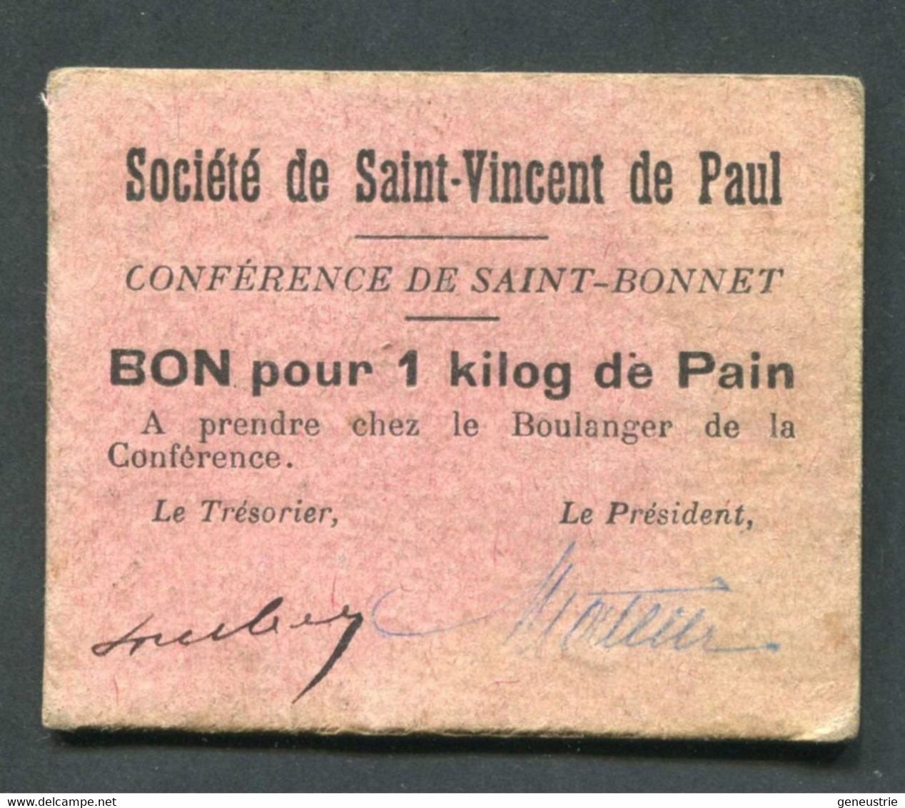 WWI Monnaie De Nécessité Carton De Rationnement - Bourges (Cher) Bon Pour 1 Kilo De Pain / Sté St Vincent De Paul WW1 - Monedas / De Necesidad