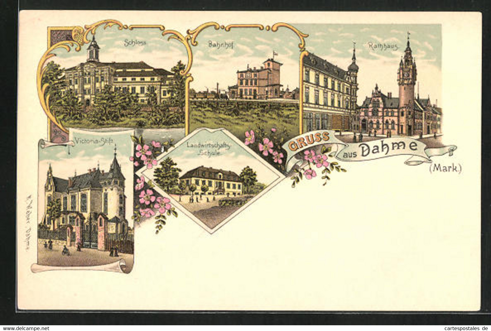 Lithographie Dahme / Mark, Victoria-Stift, Rathaus, Bahnhof - Dahme